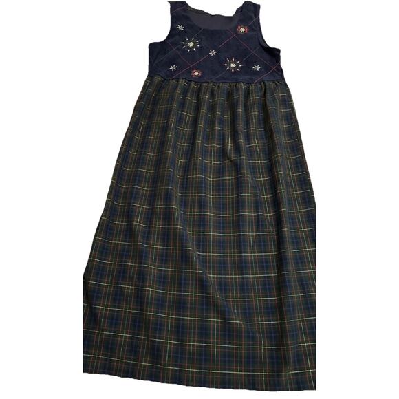 Vtg Maxi Dress Large Embroidered Navy Tartan Plaid Holiday Winter Cottagecore - Picture 4 of 11